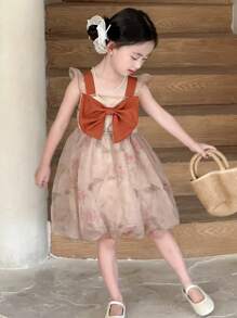 DAZY Young Girls Summer Square Neck Gradient Elegant Bowknot Decor Party Dress - Coffee - View 10