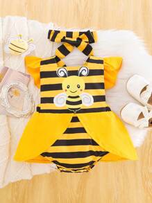 SHEIN 1 pieza Pelele de manga corta con estampado de abeja y cintura elástica para bebé niña, conjunto de uso diario holgado y cómodo con diadema, nuevo lanzamiento de verano