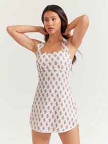 WESTFADE 运动合身无袖扇贝肩带 A 字形开叉下摆迷你连衣裙夏季休闲乡村西部可爱服装