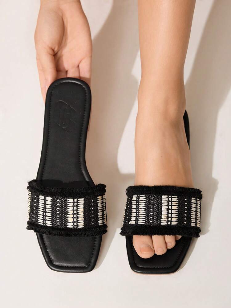 CUCCOO CHICEST Women's Summer New Woven Tassel Fringe Square Toe Flat Elegant Bohemian Contrast Color Sandals, Black & White Color, Casual, Beach, Tea Party, Vacation