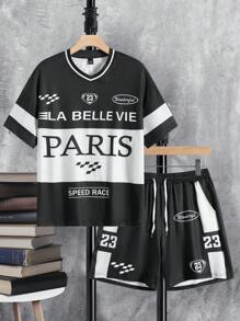 Manfinity EMRG Men's Contrast Color Letter Print Short Sleeve T-Shirt And Drawstring Waist Shorts Set