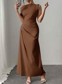 Firerie Đầm dài chữ A lưng cao, dáng dài màu mơ, thanh lịch, tối giản, lãng mạn, quyến rũ, thời trang đô thị hiện đại, sang trọng, đi làm hàng ngày - Màu nâu Sô-cô-la - Xem 7