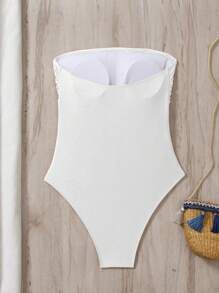 Swim Chiccia Traje de baño de una pieza con cuello en V y volantes de unicolor, conjunto de playa de verano para mujer