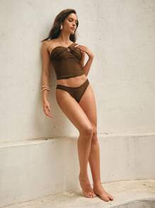 Elaire 1pc Women's Metal Hook Decor Spaghetti Strap Tankini Swimwear Set For Summer Beach Vacation - Brown - View 3