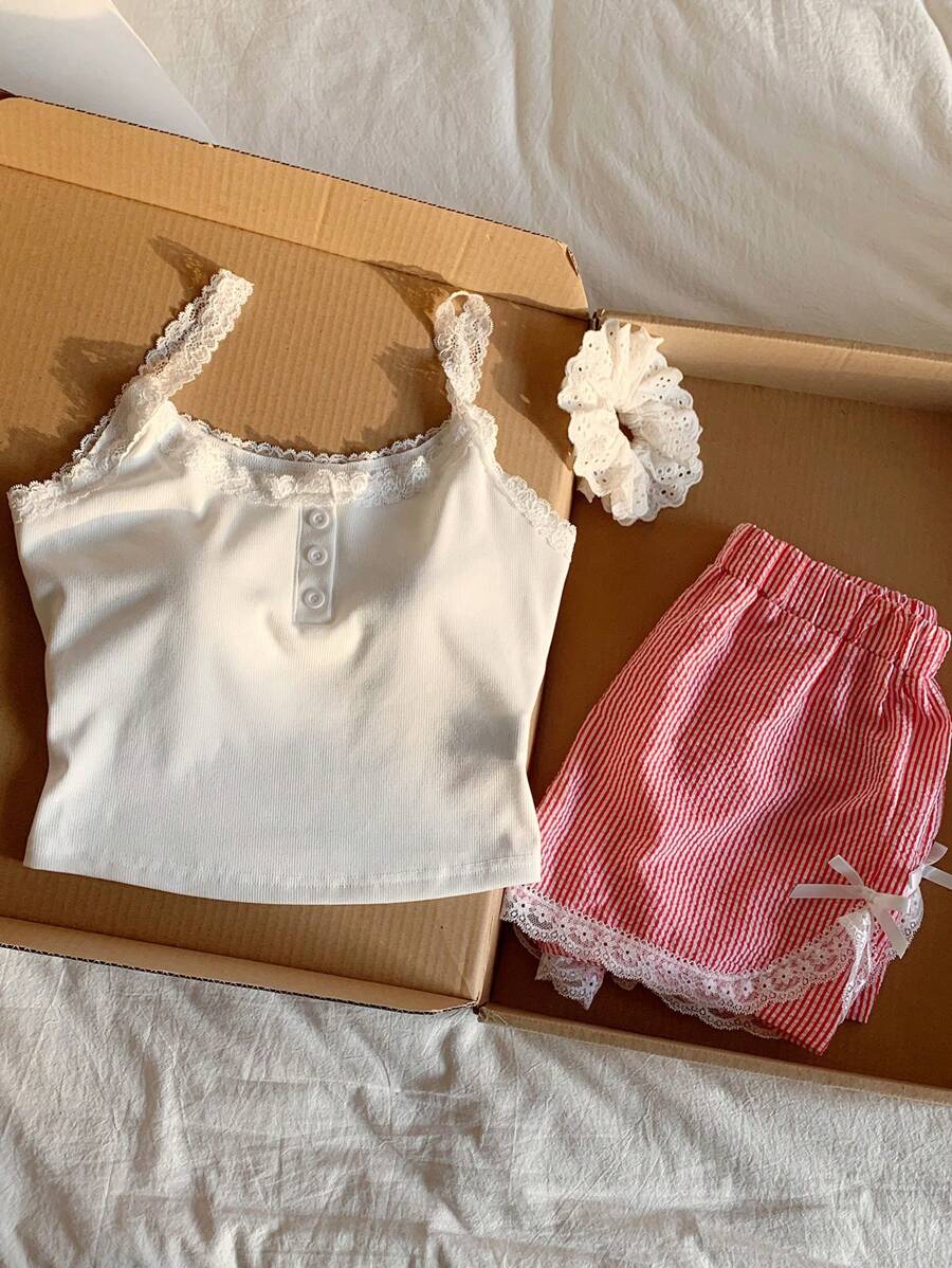 Comfortcana Women's Casual Lace Trim Cami Tank Top & Striped Shorts 2pcs Set, Summer - Red - View 1