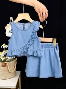 SHEIN 2pcs Baby Girl Denim Ruffle Hem Top & Skirt Set - Light Wash - View 1
