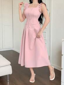 DAZY 女式纯色方领盖袖中长连衣裙 - 粉色 - 查看 3