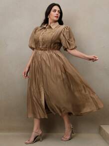 Anewsta Vestido largo elegante de mujer con mangas abullonadas, cuello y parches de encaje - Café integral - Ver 2