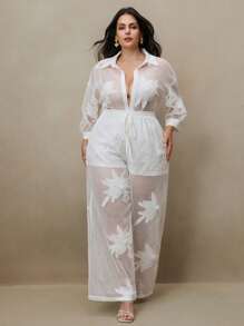 Anewsta 2 piezas Conjunto de playa o calle elegante y casual con flores grandes 3D bordadas huecas en color marrón, adecuado para primavera y verano