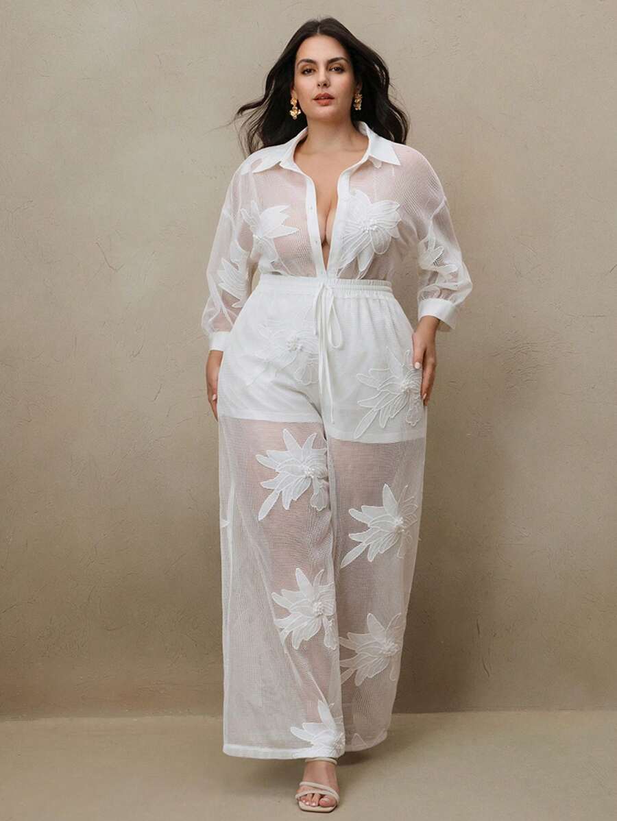 Anewsta 2 piezas Conjunto de playa o calle elegante y casual con flores grandes 3D bordadas huecas en color marrón, adecuado para primavera y verano