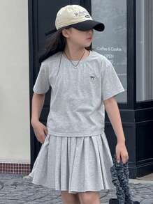 DAZY 2pcs/Set Tween Girls Crew Neck Embroidered Butterfly Knit Top And Skirt Outfit, Summer, Back To School Clothes - Grey - View 2