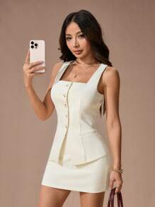 SHEIN PETITE 女士西装马甲+西装裙两件套，夏季套装 - 米色 - 查看 7