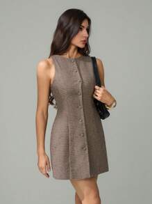 SHEIN Tall 女士千鸟格单排扣圆领无袖迷你连衣裙 - 棕色 - 查看 3