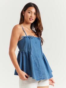 WESTFADE Cowgirl Denim Spaghetti Strap Bow Tie Ruffle Sides Fit & Flare Peplum Top Cute Summer Rodeo - Medium Wash - View 4