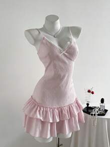 Elamini Váy suông ren hoa jacquard viền bèo nhún cho nữ - Hồng - Xem 1