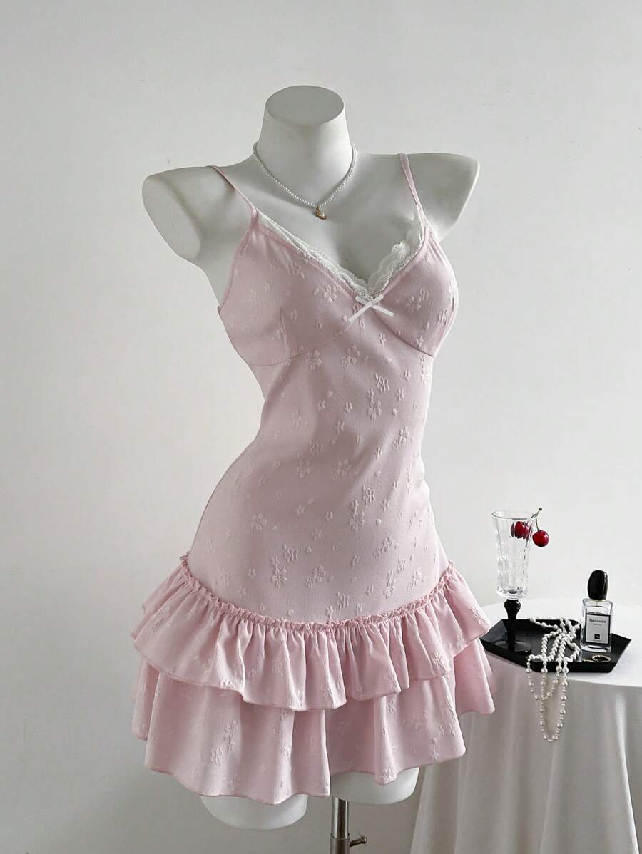 Elamini Váy suông ren hoa jacquard viền bèo nhún cho nữ - Hồng - Xem 1