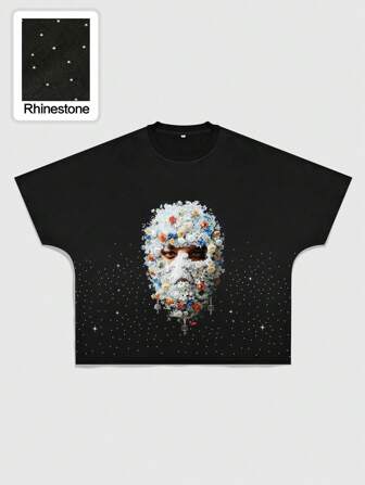 Camiseta de manga corta de ajuste holgado con estampado de retrato con rhinestones para hombres, para fiesta
