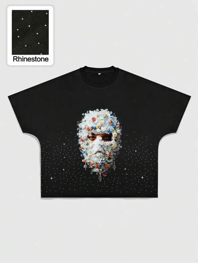 Men's Rhinestone Portrait Printed Loose Fit Short Sleeve T-Shirt, Rave