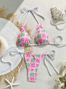 Swim Mod European & American Style Women's Sweet Bow Accessory Halter Top And Sexy Shorts Swimsuit Set For Summer Beach Vacation - Multicolor - View 3