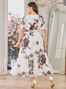 Modelyn Vestido largo de gasa con estampado floral, manga farol, cuello cruzado, lazo en la cintura y volantes, elegante para vacaciones, bodas, fiestas y verano, talla grande - Multicolor - Ver 2