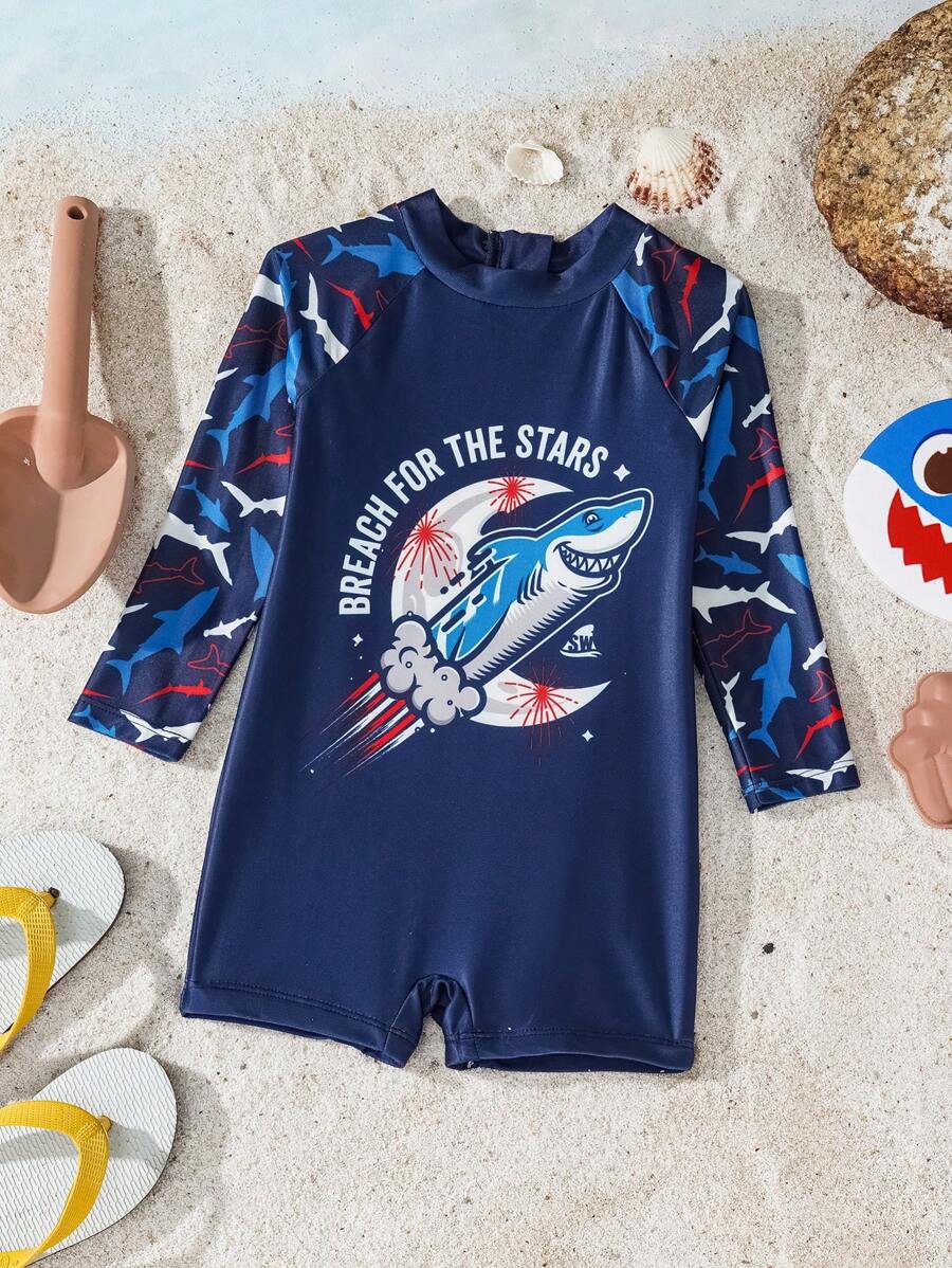 Shark Week X SHEIN Baby Boy Summer Vacation Beach Shark Print Long Sleeve One-Piece Swimsuit - Multicolor - View 1