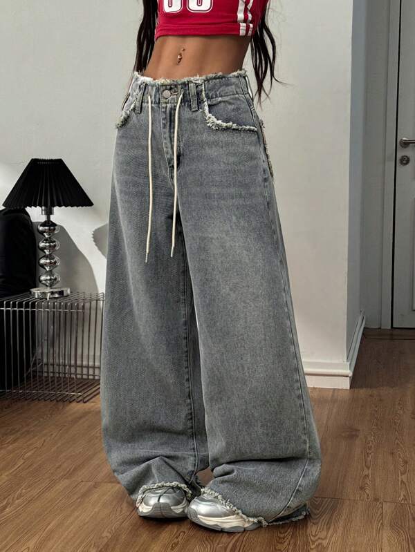Coolane Fall/Winter Cargo Denim Drawstring Washed Wide Leg Jeans, Vintage, Streetwear