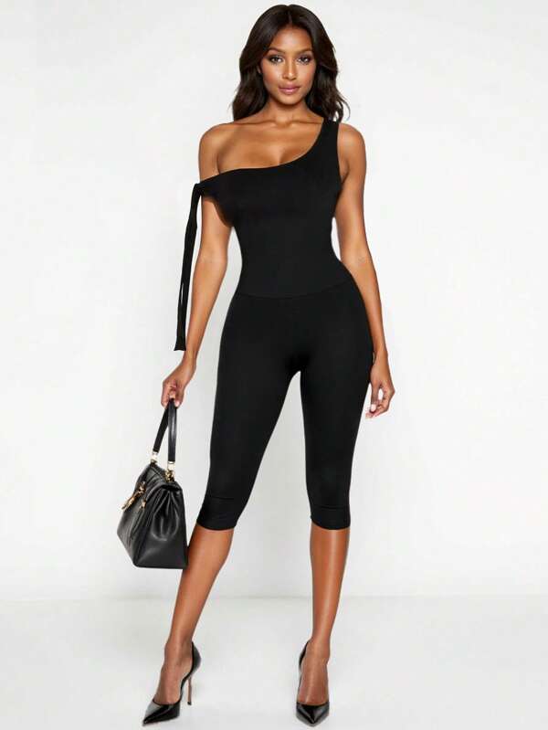 INAWLY Black Cord Tank Top & Tight Jumpsuit (210G High Stretch)