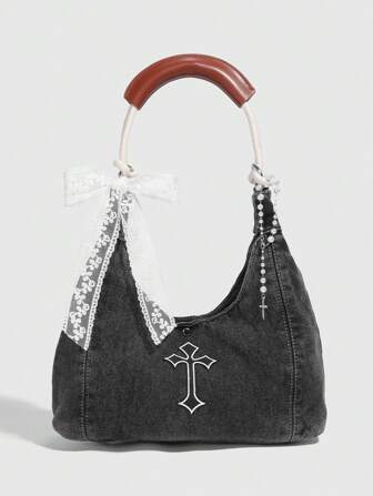 Grunge Punk 1 pièce Sac à main rétro, sac fourre-tout décoré d'une croix bicolore, sac à bandoulière avec nœud en dentelle, style doux et cool, convient pour le printemps et l'été