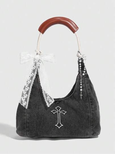 Grunge Punk 1pc Retro Handbag, Contrast Color Cross Decorated Tote Bag, Lace Bow Shoulder Bag, Sweet & Cool Style, Suitable For Spring & Summer