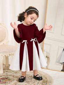 Baby Girl Bowknot Decor Contrast Color Round Neck Flare Sleeve Dress Fall Winter - Burgundy - View 5