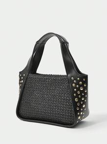 SHECARRY 女士稻草铆钉街头时尚百搭手提包 - 黑色 - 查看 6