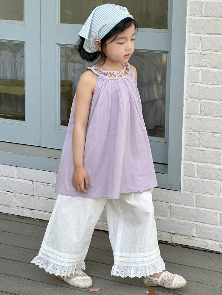 2pcs/Set Young Girls Round Neck Casual Korean Cute Sleeveless Shirt And Long Pants Set,Girls Summer Outfits Vacation