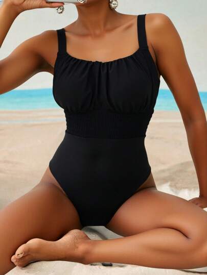 SHEIN Swim 1pc Women's Solid Color Shirred Monokini Swimsuit, Suitable For Beach & Vacation For Summer