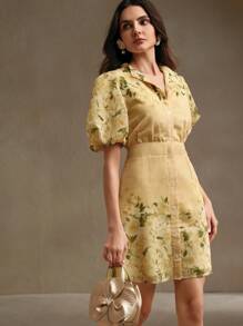 Round Neck Puff Sleeve Printed Front Open A-Line Hem Holiday Mini Dress - Yellow - View 7