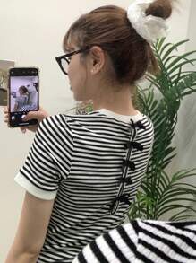 FRIFUL 女士条纹蝴蝶结装饰短袖T恤，音乐会可爱上衣