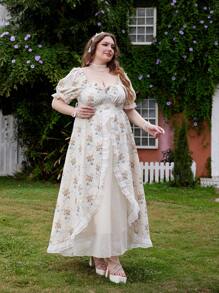 Vestido de talla grande de mujer con estampado floral, manga corta abultada, elegante estilo vintage de palacio, cintura marcada, patchwork y dobladillo asimétrico - Multicolor - Ver 6