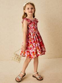 SHEIN Young Girls Elegant Red Ditsy Floral Ruffled Sleeve Shirred Dress - Multicolor - View 4