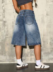 SHEIN ICON Women's Casual Washed Slant Pocket Loose Denim Shorts, Summer - Dark Wash - View 2