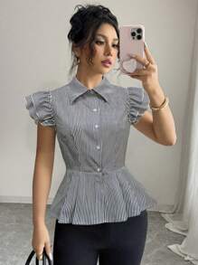 SHEIN Clasi Women's Summer Striped Short Cap Sleeve Cardigan - Grey - View 1