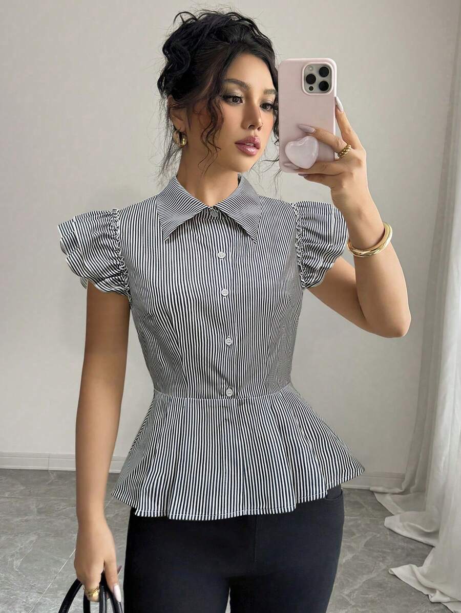 SHEIN Clasi Women's Summer Striped Short Cap Sleeve Cardigan - Grey - View 1