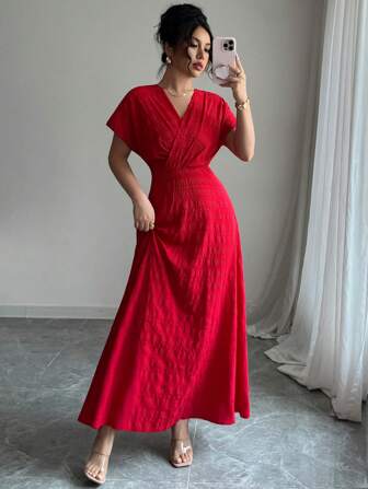 Rafferiza Women's Solid Color Crossing V-Neck Batwing Sleeve Elegant Dress