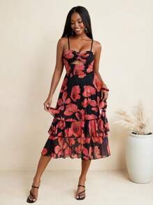JIAN LASALA Vestido de tirantes elegante con estampado floral y diseño calado para invitada de boda, para mujer - Rojo y negro - Ver 6