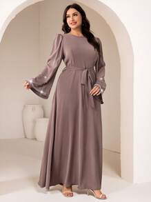 Veilorie Plus Size Women Arabic Style Simple Fashion Dress, Suitable For Summer, Modest - Coffee Brown - View 5