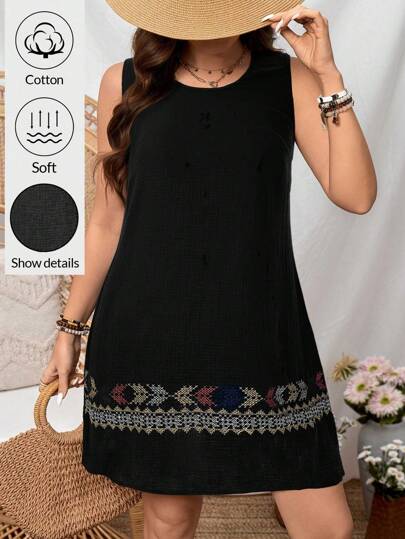 SHEIN LUNE Vestido casual de vacaciones sin mangas con estampado geométrico para tallas grandes