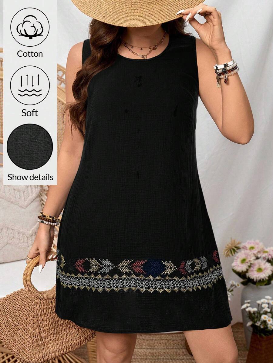 SHEIN LUNE Váy du lịch không tay họa tiết hình học cỡ lớn - màu đen - Xem 1