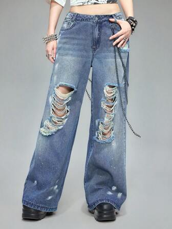 Grunge Punk Vintage Grunge Y2K Chain Decor Distressed Loose Women Ripped Jeans