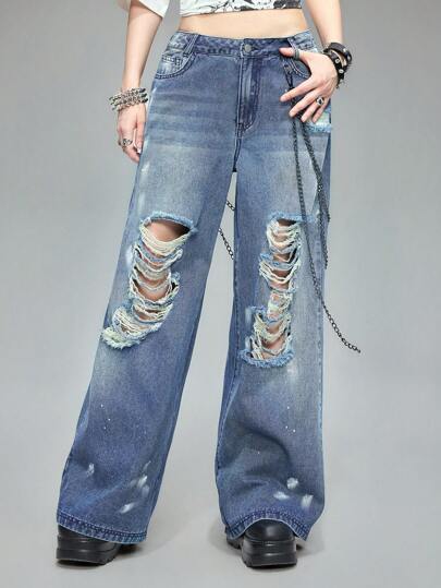 Grunge Punk Jeans déchirés amples vintage grunge Y2K avec décoration de chaîne