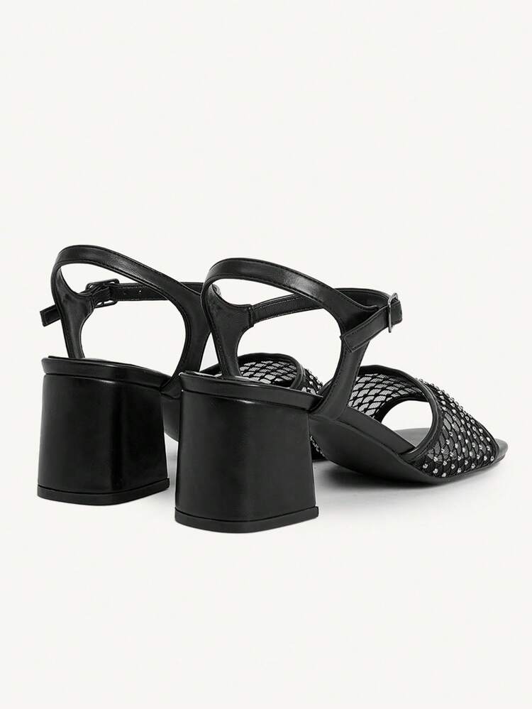 CUCCOO CHICEST Elegant Commuter Fashion Personalized Mesh Rhinestone High-Grade Black PU One-Buckle Strap Comfortable Versatile Square Toe Chunky Heel Women's Sandals, Fashionable Blogger Outfit, Formal/Workwear/Party/Date Wear