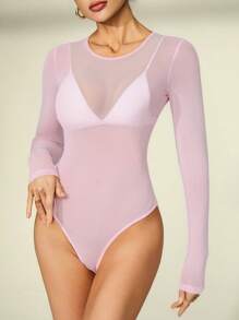 SHEIN Tall See Through Mesh Bodysuit Without Lingerie - Pink - View 3