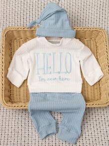 SHEIN 男婴“Hello”字母刺绣摄影服装套装，包括上衣、裤子和帽子，婴儿 1 个月 - 100 天影楼服装 - 彩色 - 查看 3